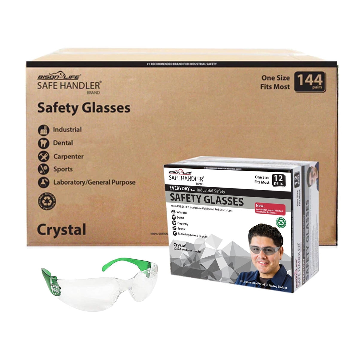 Bison Life Clear Safety Glasses, Pack of 12, ANSI Z87.1 Scratch & Impact Resistant, Polycarbonate Lens, One Size, Wrap Around Eyewear