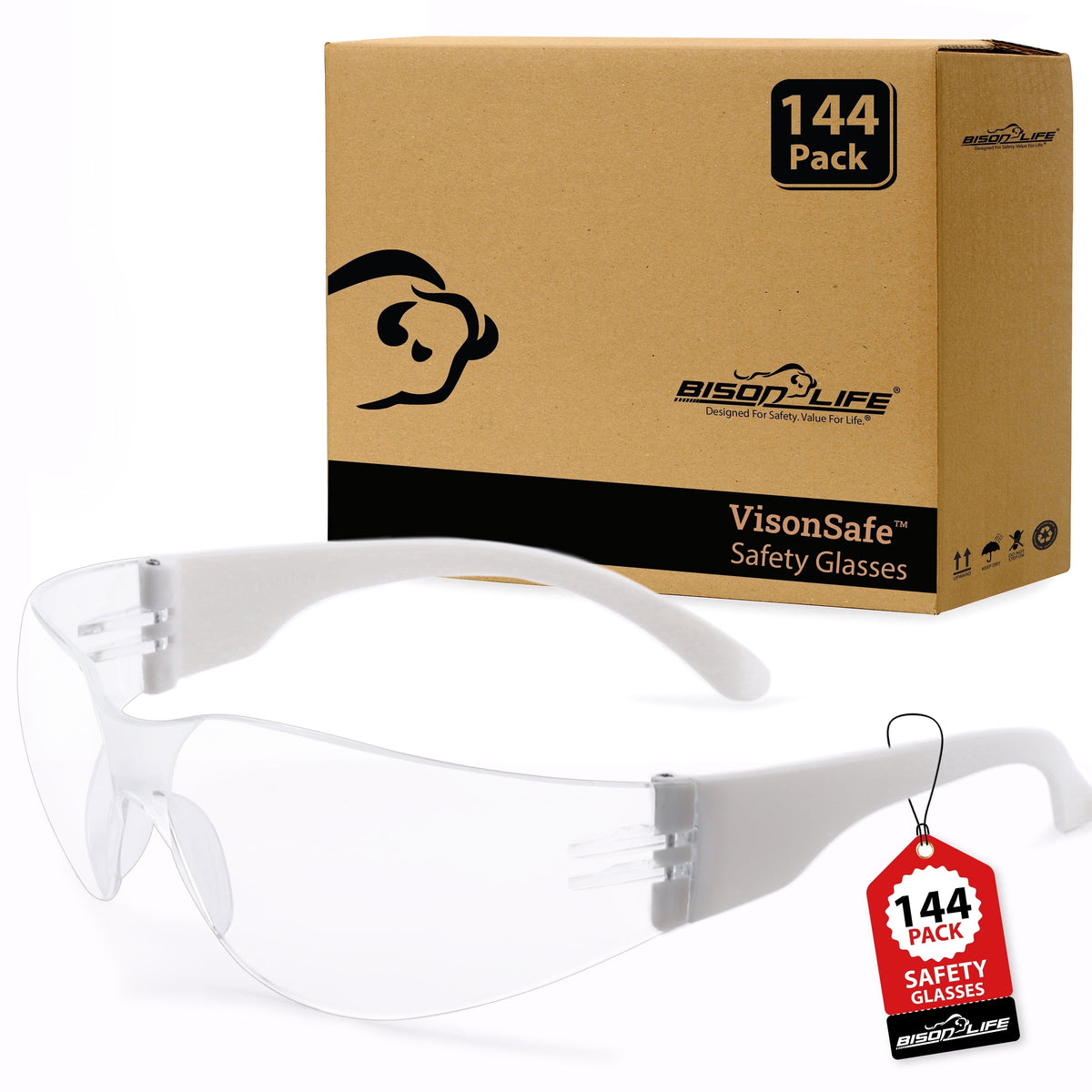 Bison Life Clear Safety Glasses, Pack of 12, ANSI Z87.1 Scratch & Impact Resistant, Polycarbonate Lens, One Size, Wrap Around Eyewear
