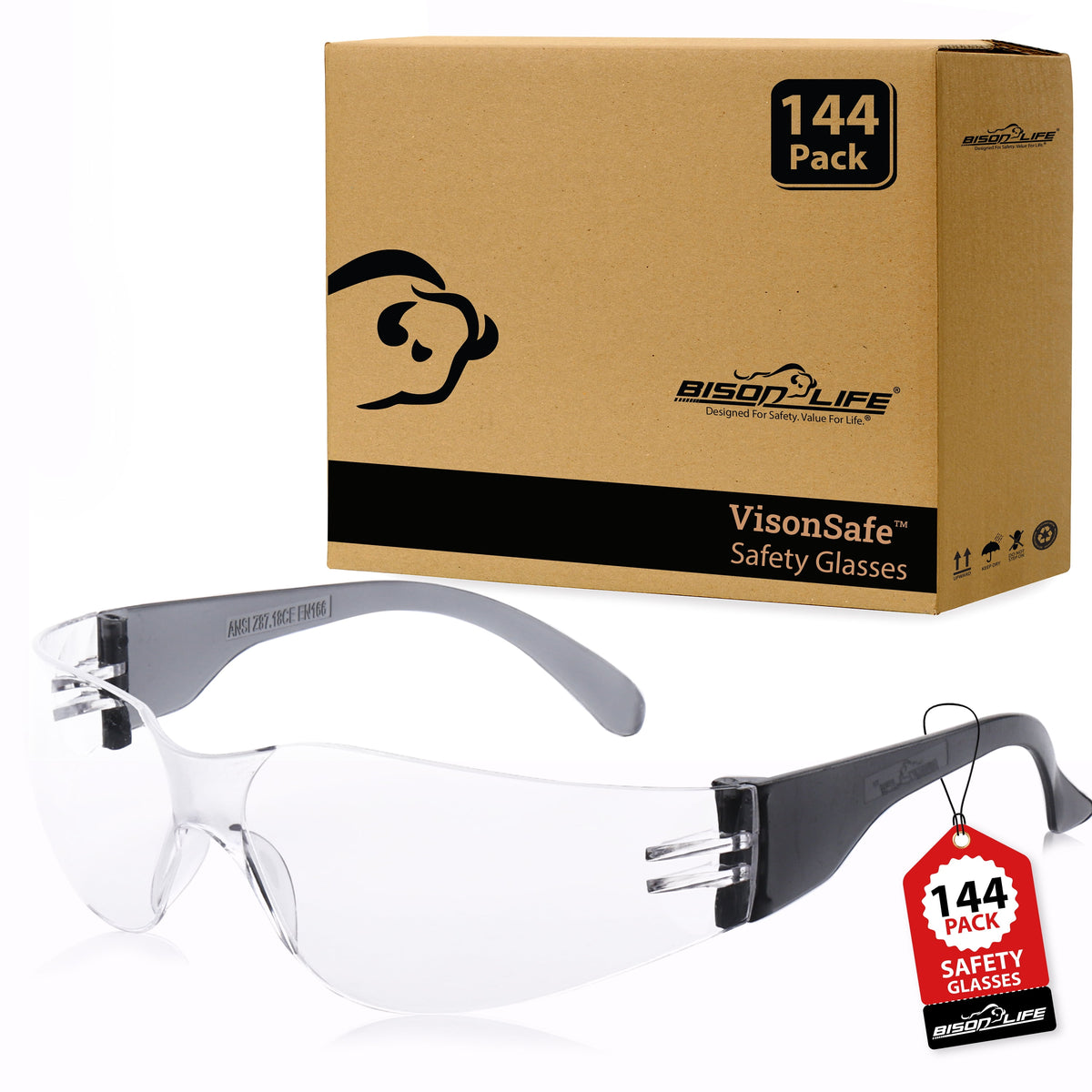 Bison Life Clear Safety Glasses, Pack of 12, ANSI Z87.1 Scratch & Impact Resistant, Polycarbonate Lens, One Size, Wrap Around Eyewear