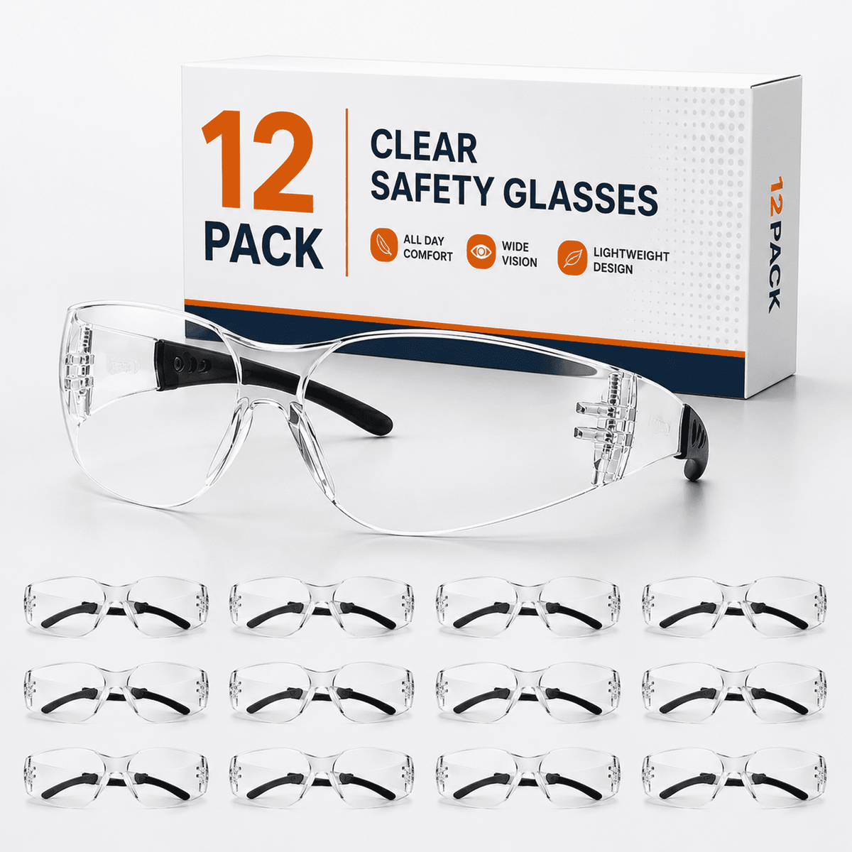 Safety Glasses 12-Pack, Clear Protective Eyewear with Scratch & Impact Resistant Lenses, Wraparound Glasses for Construction, Lab, Workshop
