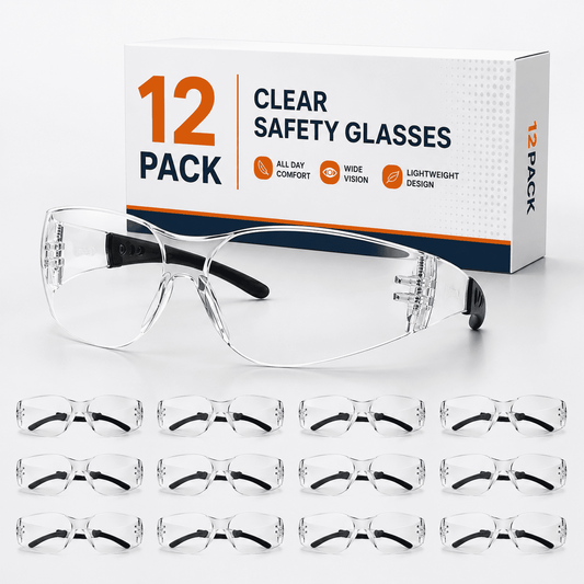 Safety Glasses 12-Pack, Clear Protective Eyewear with Scratch & Impact Resistant Lenses, Wraparound Glasses for Construction, Lab, Workshop