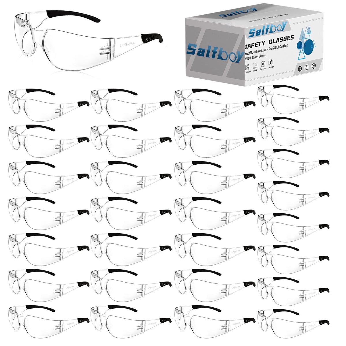 Salfboy Safety Glasses ANSI Z87.1 Anti Fog Clear Lens Safety Glasses for Men Women, Impact Resistant Scratch Resistant Protective Eyewear for Work,30 Pack
