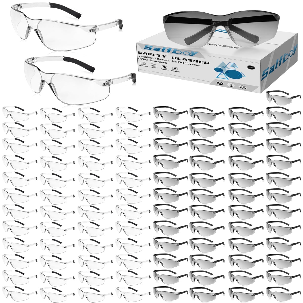 Salfboy 30 Packs Safety Glasses ANSI Z87.1 Safety Glasses Bulk with Scratch Resistant Glasses for Women Men Work Construction Science Lab Shooting