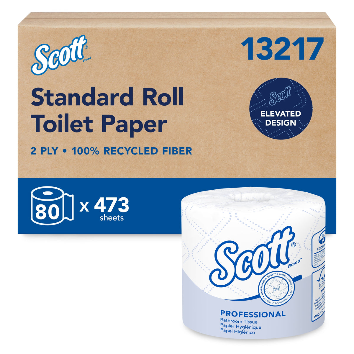Scott® Professional 100% Recycled Fiber Standard Roll Toilet Paper, Bulk (13217), Elevated Design, 2-Ply, Individual Wrap (80 Rolls, 473 Sheets Each)