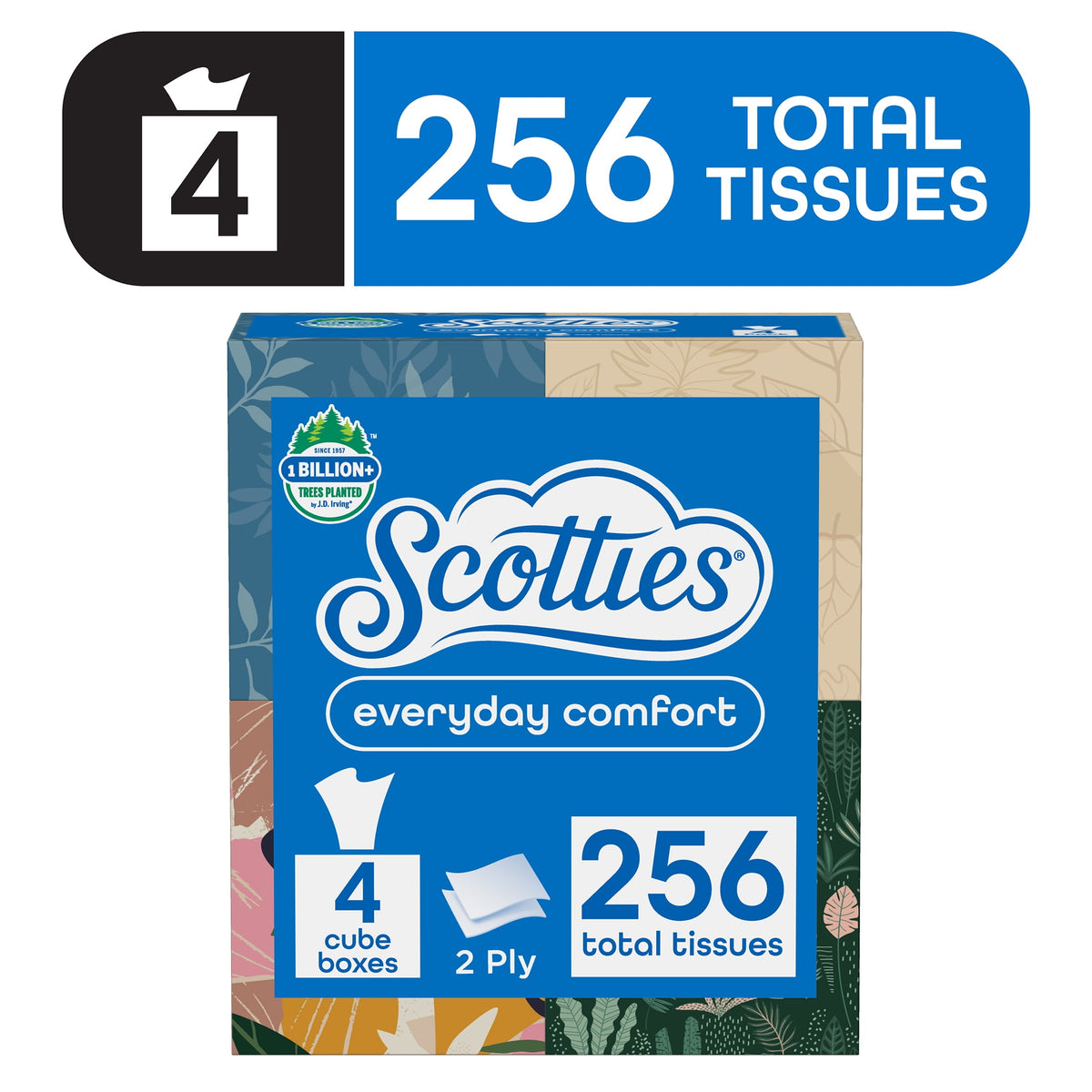 Scotties Everyday Comfort Facial Tissues, 4 Cube Boxes, 64 Facial Tissues per Box, 2-Ply (256 Total Sheets)