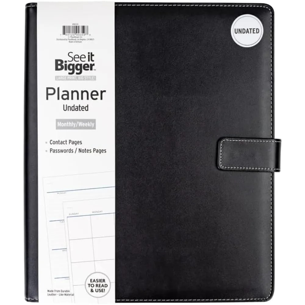 See It Bigger Large 15-Month Padfolio Undated Planner – Black 11.75"x10" Monthly & Weekly Dated Organizer with Removable Lined Notebook, Interior Pockets, and Large Print for Work & Personal Use