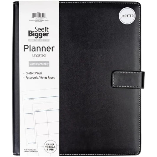 See It Bigger Large 15-Month Padfolio Undated Planner – Black 11.75"x10" Monthly & Weekly Dated Organizer with Removable Lined Notebook, Interior Pockets, and Large Print for Work & Personal Use