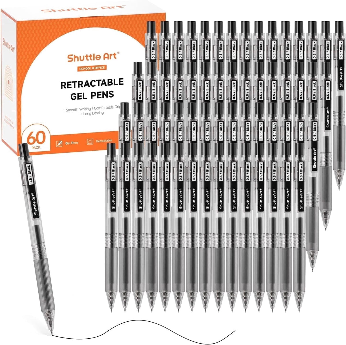 Shuttle Art Permanent Black Gel Pens, Ink Glide Series 60 Pack Retractable 0.5mm Fine Point Rollerball Gel Ink Pens Bulk Set Quick Drying Smooth Writing with Grip for Journaling Note Taking
