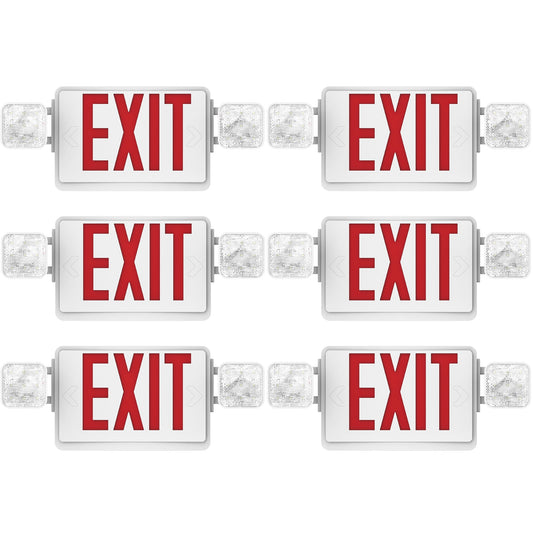 Sunco 6 Pack Red Exit Signs With Emergency Lights, Two Adjustable Square LED Lights, 94V-0 Fire Resistant, Backup Battery, 120-277V, Wall Or Ceiling Mount, Commercial Grade Double Sided UL