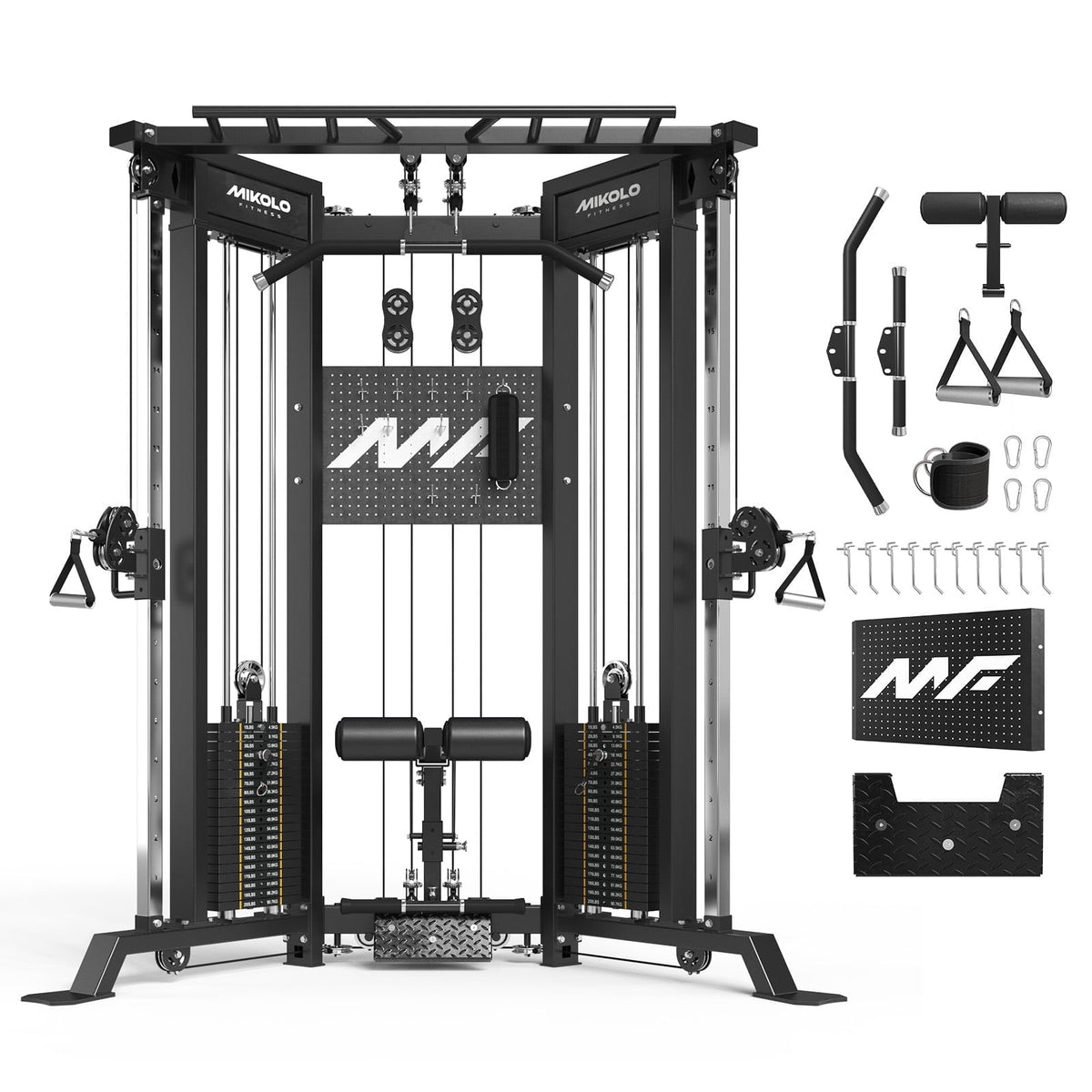 Mikolo Functional Trainer with 400lbs Weight Stack, Cable Crossover Machine with Independent Double Pulley System, 2000lbs Multi-Functional Chest Fly Machine, Lat Pulldown Machine Home Gym with Bench