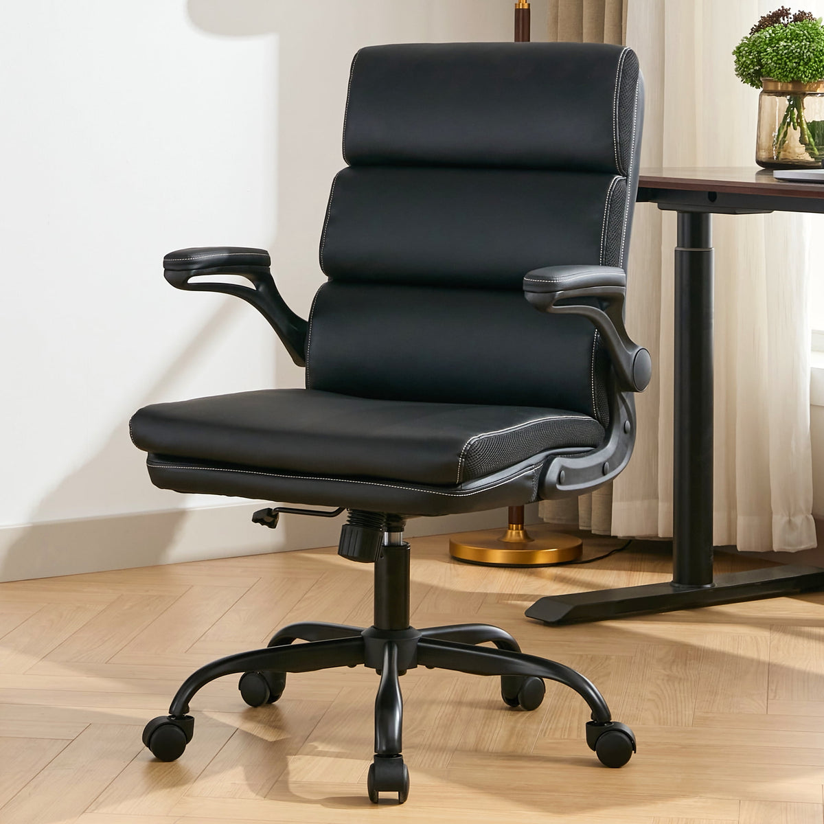 TMV Ergonomic Executive Desk Chair - PU Leather Adjustable Arm Swivel Office Chair for Vanity Desk, Home & Executive Desk,Black