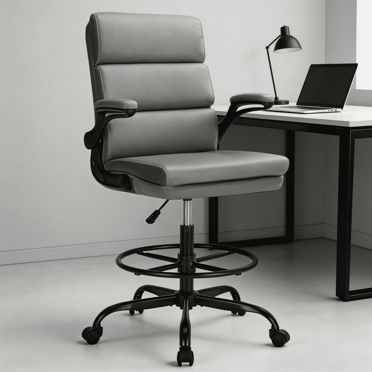 TMV Ergonomic Executive Desk Chair - PU Leather Adjustable Arm Swivel Office Chair for Vanity Desk, Home & Executive Desk,Black