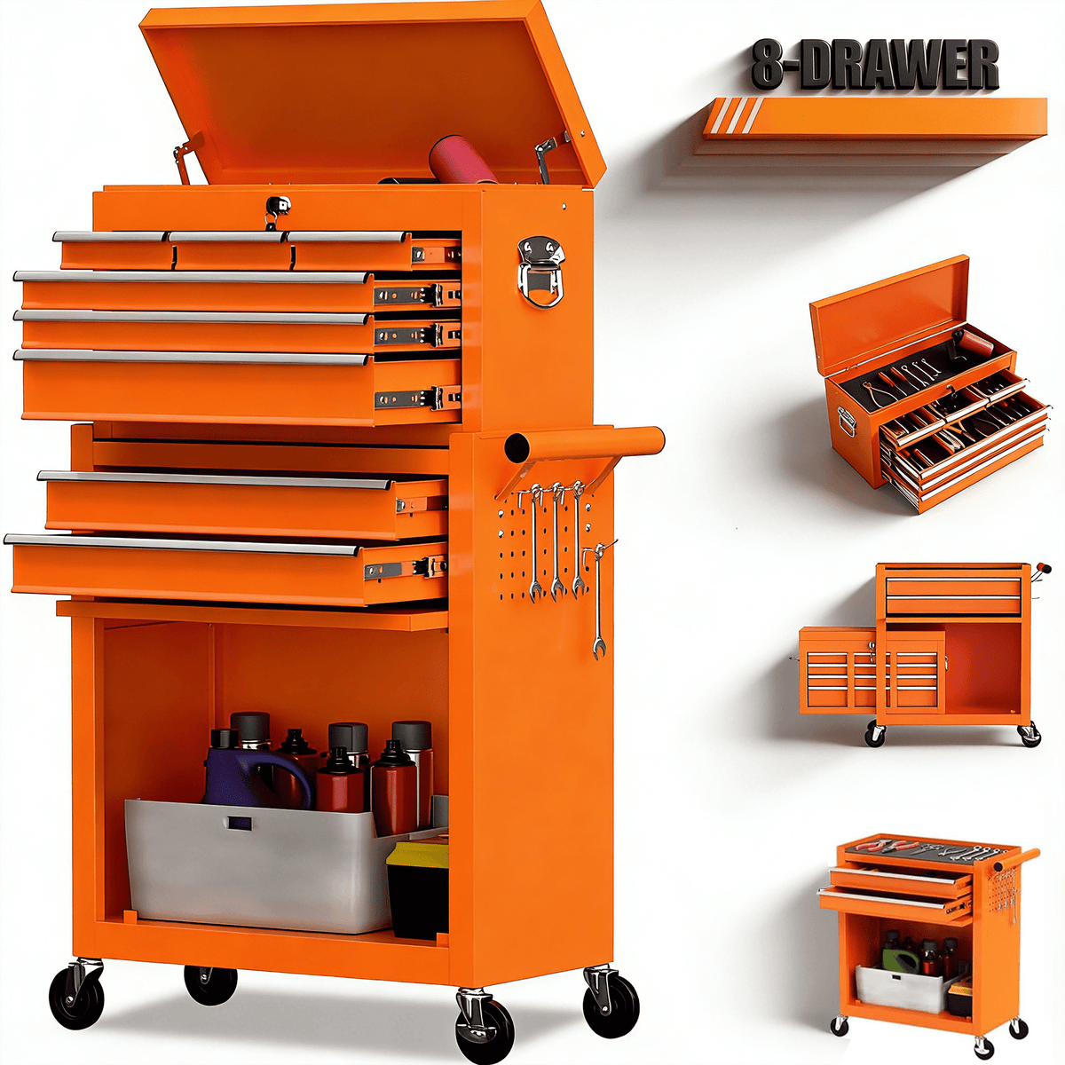 2-IN-1 Rolling Tool Chest Storage Box, Upgrade Steel Tool Box Hidden Desing, Detachable Tool Storage On Wheels W/Sliding Drawers for Workshop Garage Studio, Blue