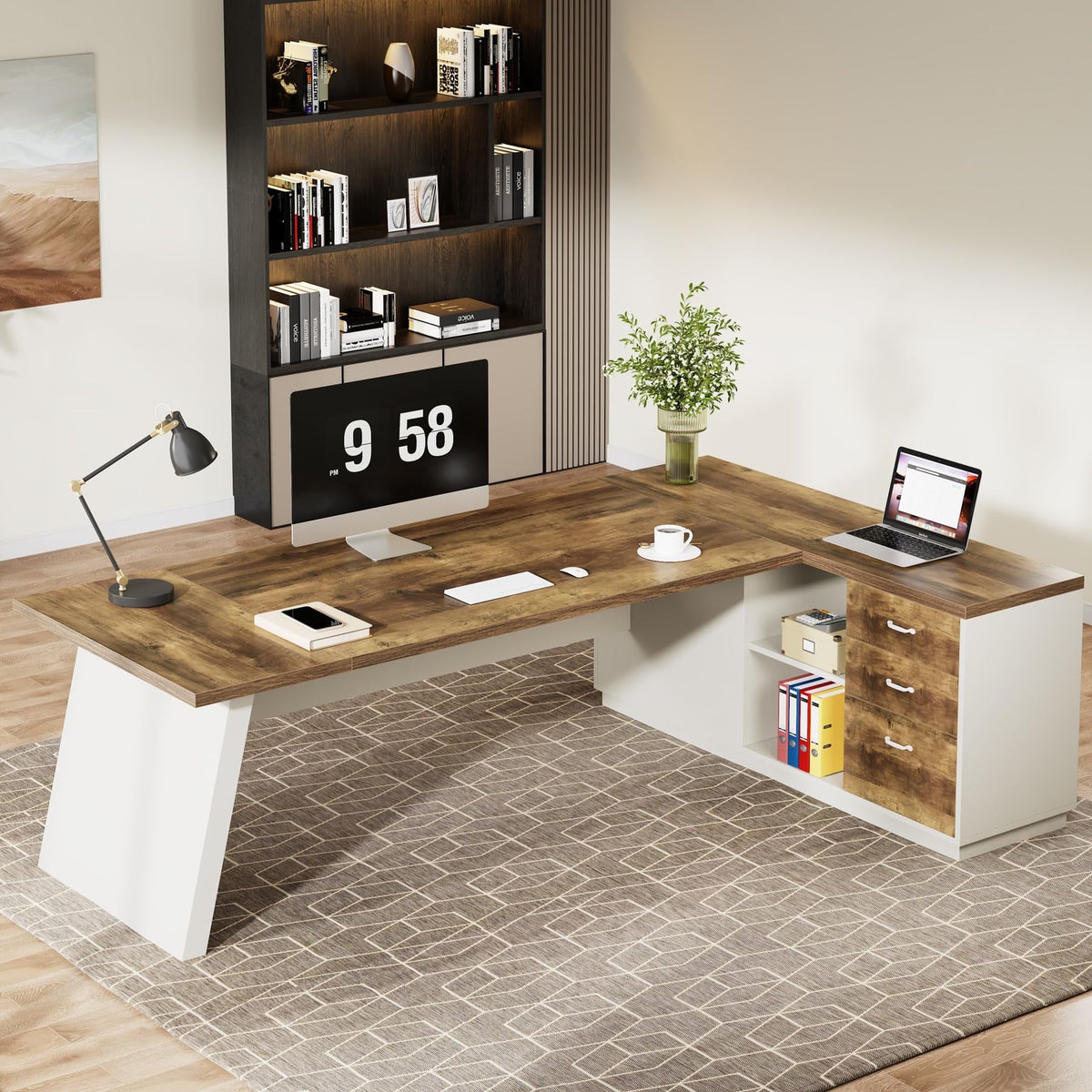 Tribesigns 78-Inch L-Shaped Executive Desk, Large Office Desk with Drawers and Lateral File Cabinet, Modern Computer Desk for Home Office, Light Walnut & Black