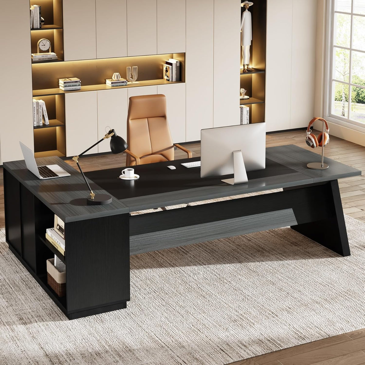 Tribesigns 78-Inch L-Shaped Executive Desk, Large Office Desk with Drawers and Lateral File Cabinet, Modern Computer Desk for Home Office, Light Walnut & Black