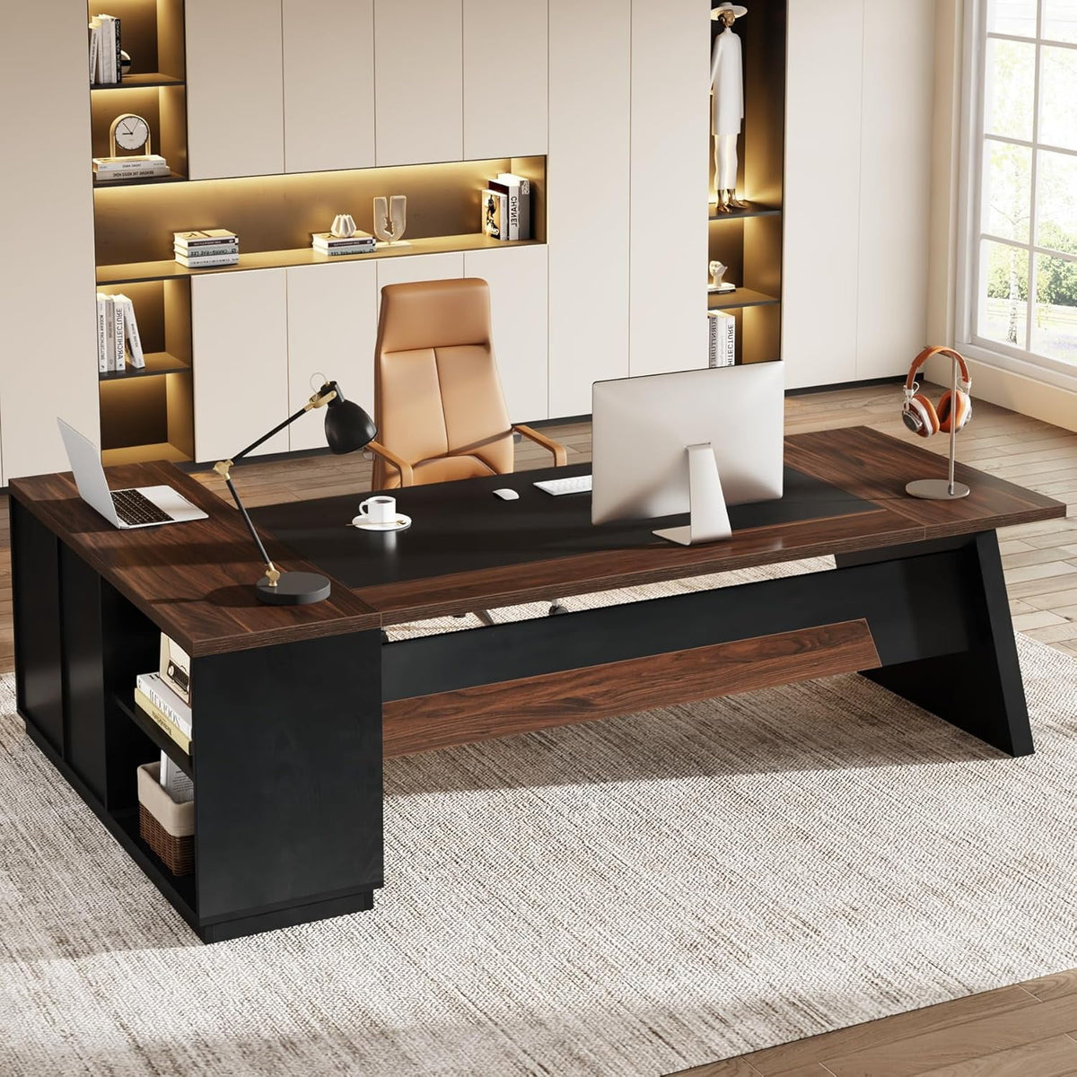 Tribesigns 78-Inch L-Shaped Executive Desk, Large Office Desk with Drawers and Lateral File Cabinet, Modern Computer Desk for Home Office, Light Walnut & Black