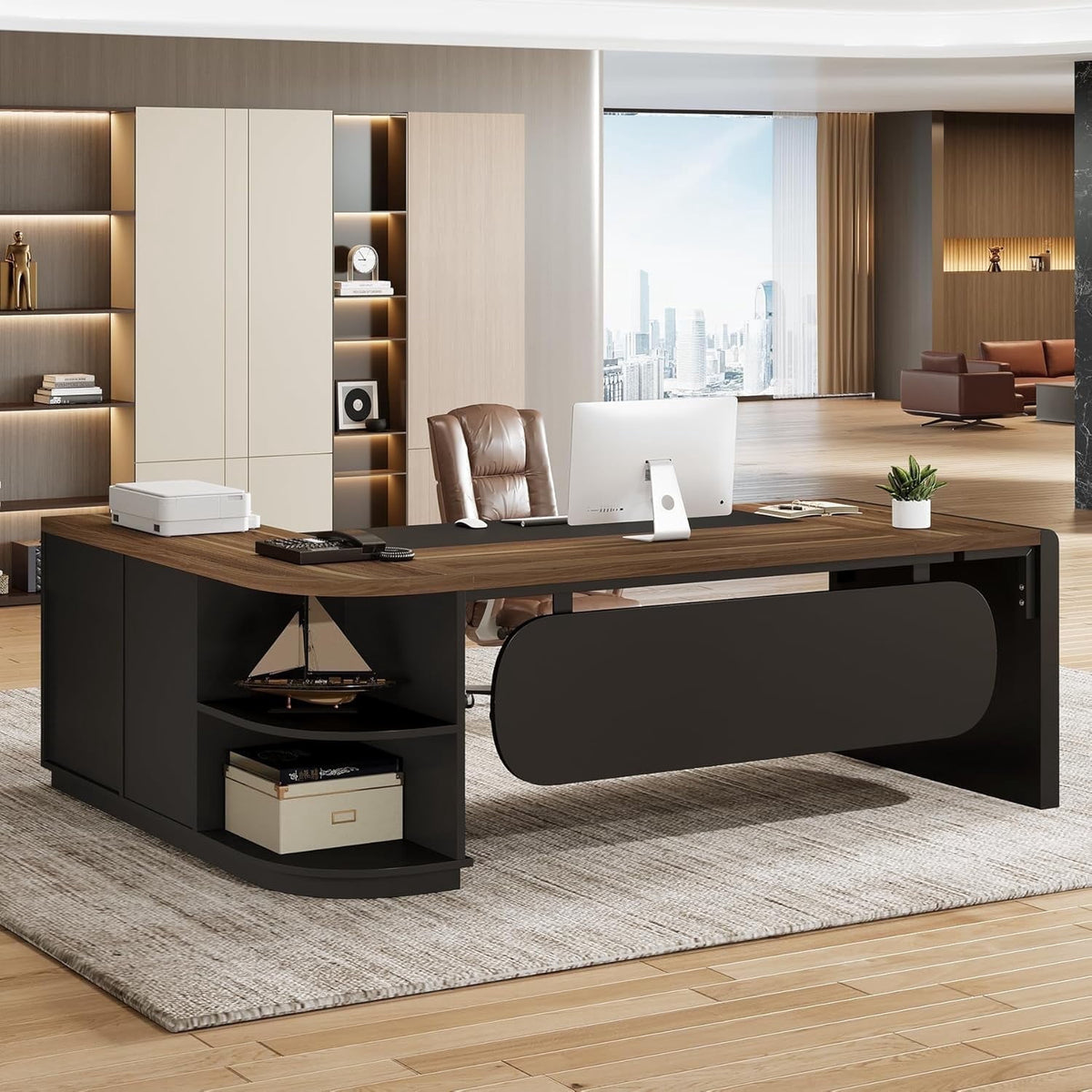 Finmind 80" L-Shaped Desk, Large Executive Office Desk with 55'' Drawers Cabinet