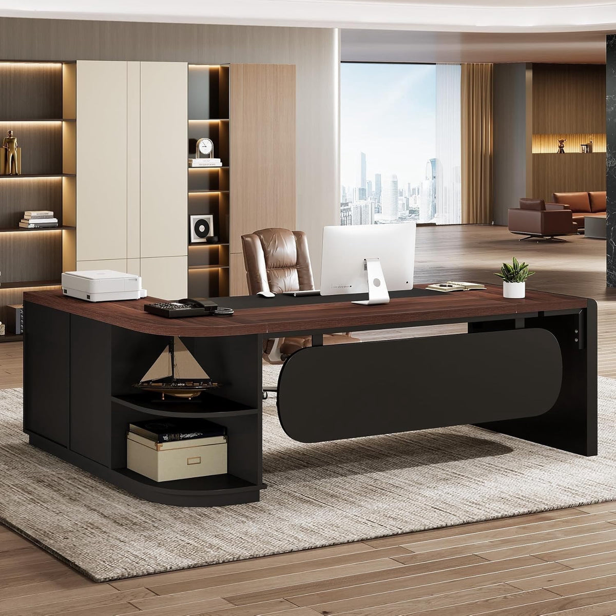 Finmind 80" L-Shaped Desk, Large Executive Office Desk with 55'' Drawers Cabinet