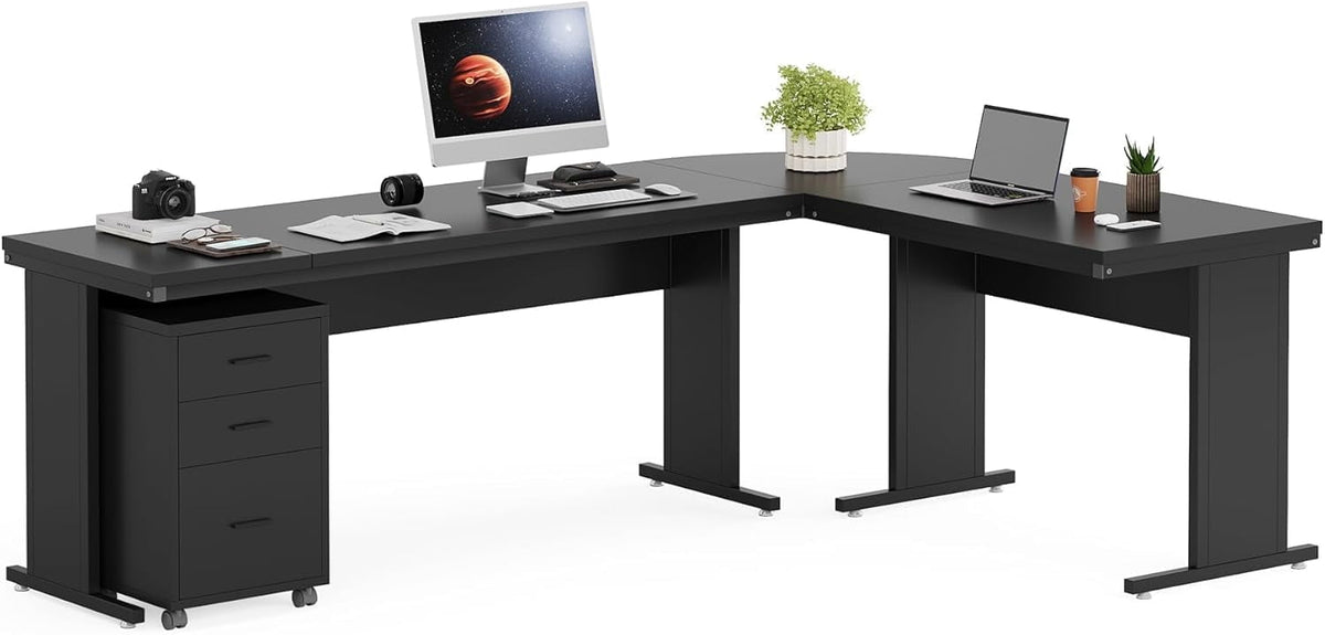 Tribesigns 83 Inch L-Shaped Office Desk, Large Executive Computer Desk with 3-Drawer File Cabinet, Industrial Corner Desk with Storage Drawers, Business Furniture Work Desk for Home Office (Brown)