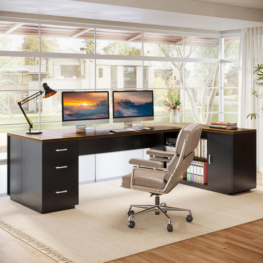 Tribesigns 85.8" L-Shaped Executive Desk, Extra Large Office Desk with File Drawers, Modern Business Furniture with Door Cabinet, Shelves for Home Office, Brown & Black