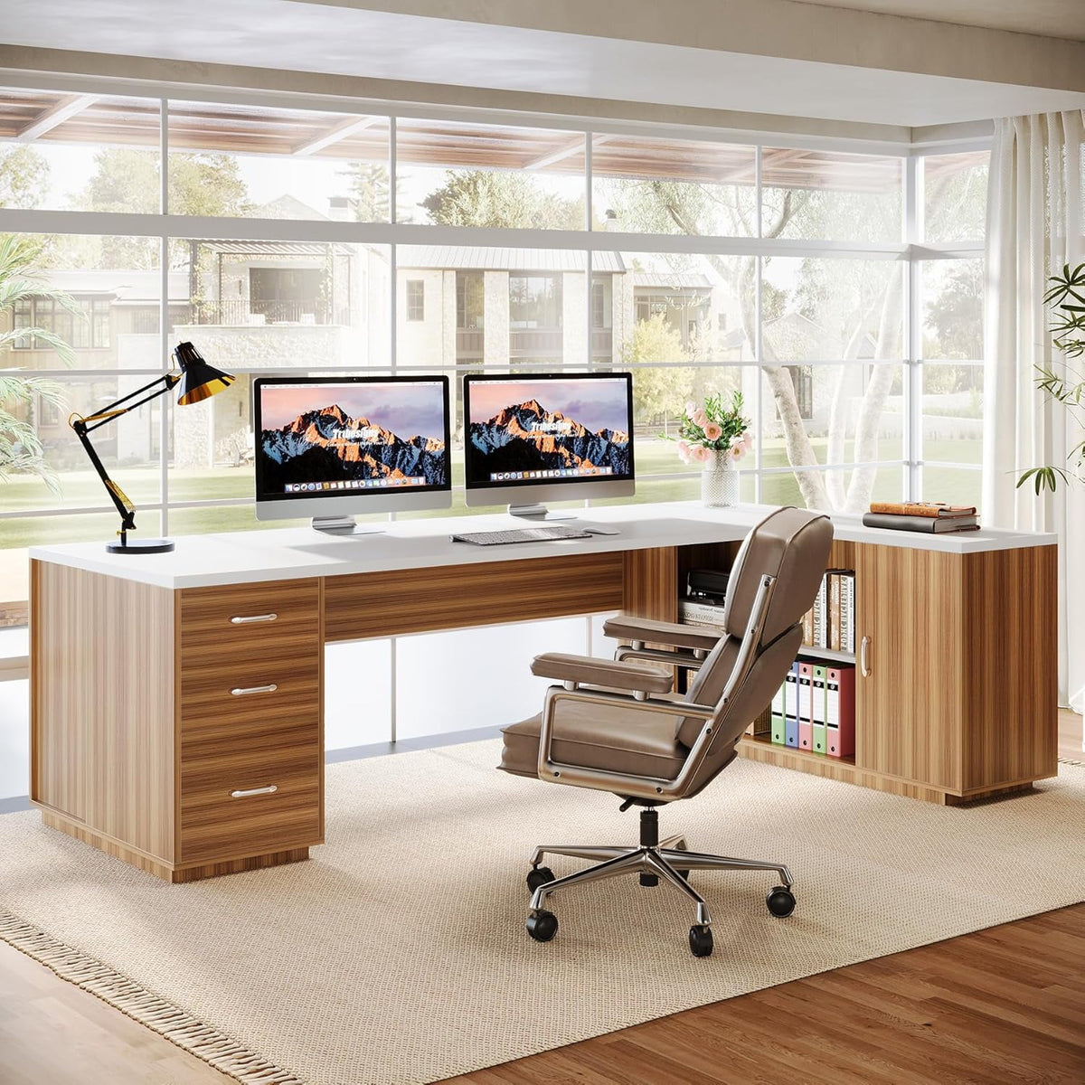 Tribesigns 85.8" L-Shaped Executive Desk, Extra Large Office Desk with File Drawers, Modern Business Furniture with Door Cabinet, Shelves for Home Office, Brown & Black