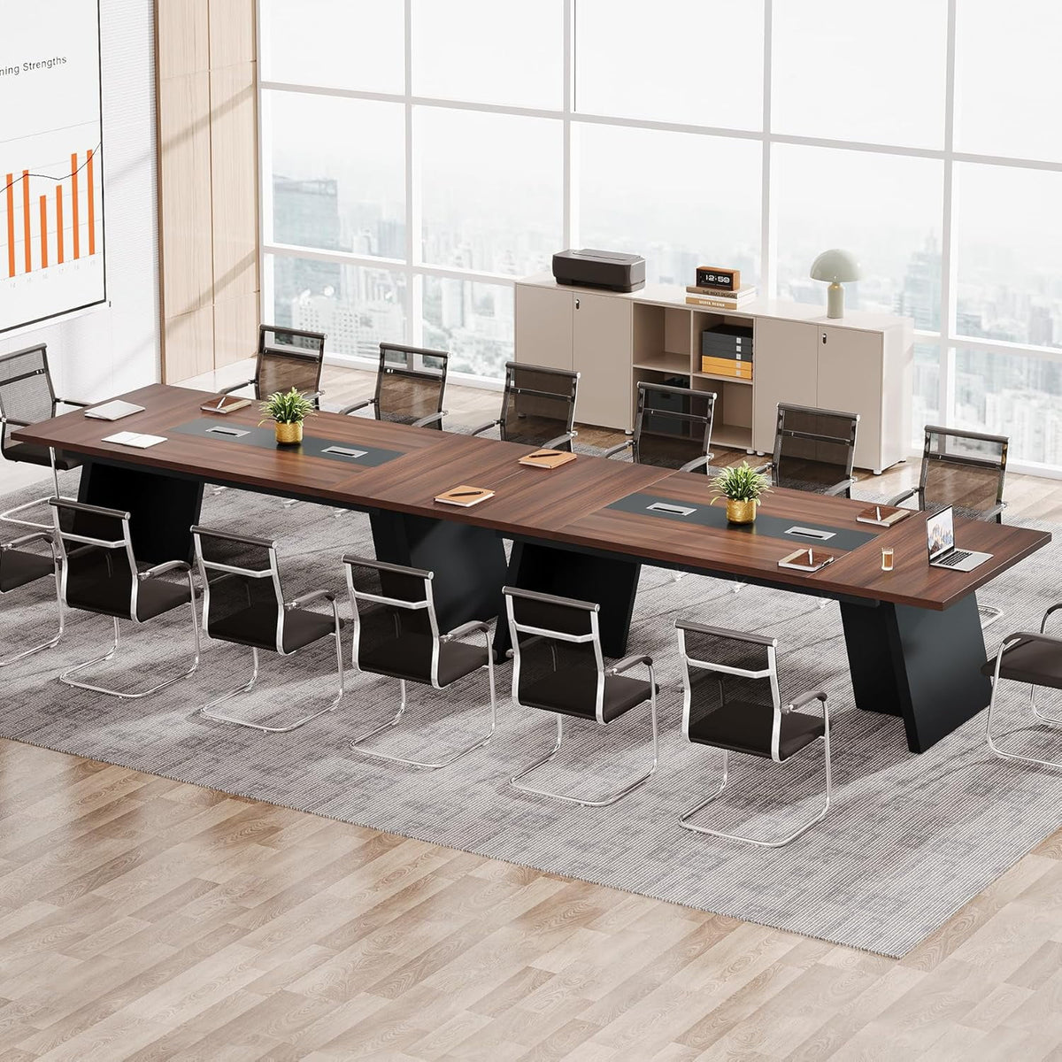 Tribesigns 8ft Conference Room Table, Modern Meeting Desk with Cable Management, Large Conference Table Business Seminar Furniture for Boardroom, Walnut and Black, 1PC