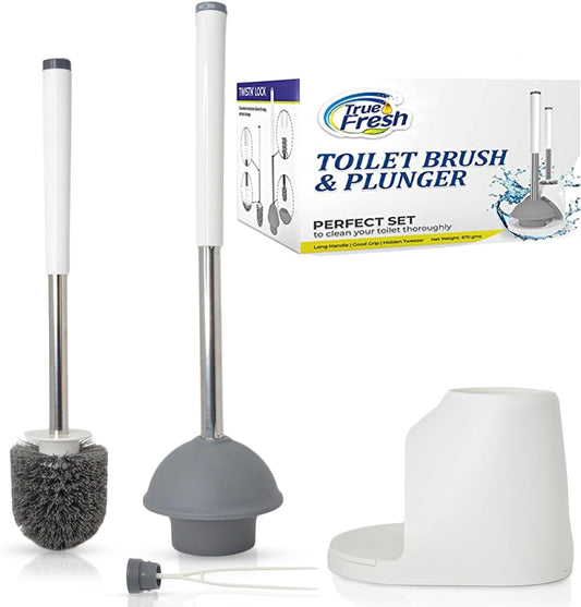 True Fresh 2 in 1 Toilet Brush and Plunger Set Stainless Steel - Toilet Plunger and Toilet Brush and Caddy Holder