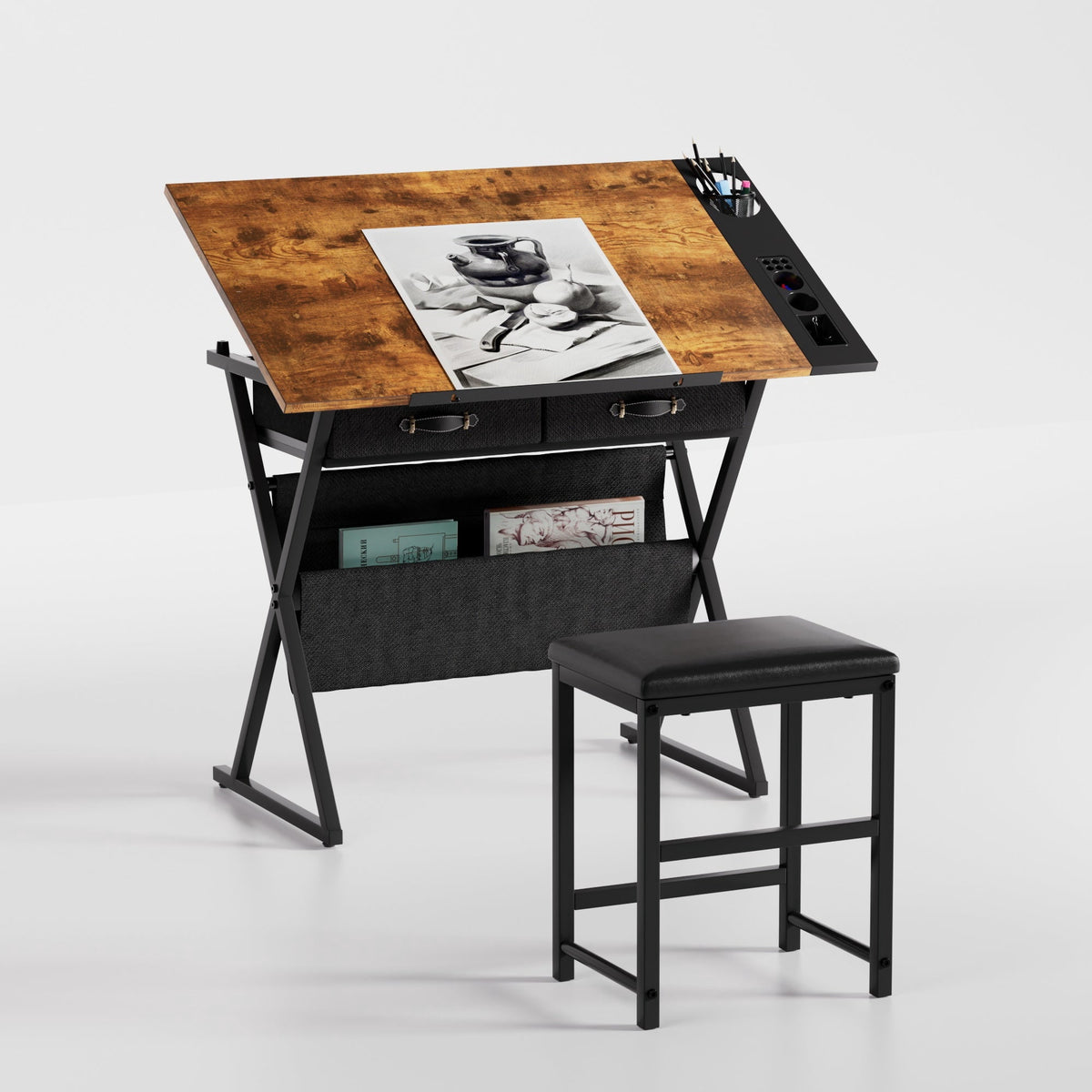 VECELO Drafting Table with Wheels, Adjustable Drawing Table Tiltable Painting Desk Workstation with Pencil Ledge for Artists, Brown