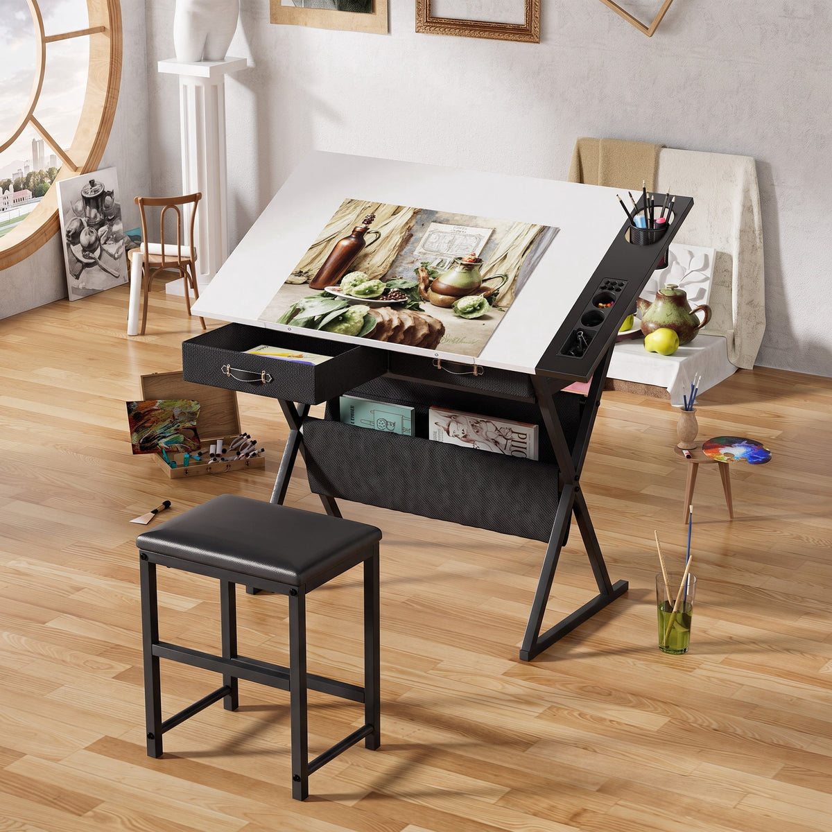 VECELO Drafting Table with Wheels, Adjustable Drawing Table Tiltable Painting Desk Workstation with Pencil Ledge for Artists, Brown
