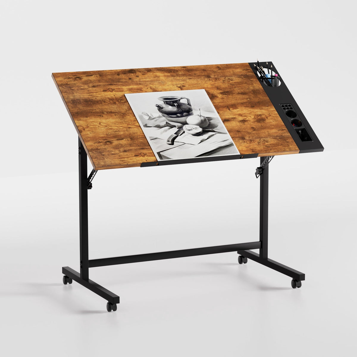 VECELO Drafting Table with Wheels, Adjustable Drawing Table Tiltable Painting Desk Workstation with Pencil Ledge for Artists, Brown