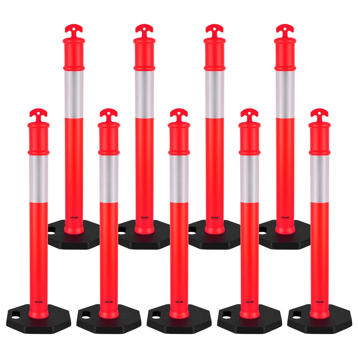 VEVOR 9 Pack Traffic Delineator Posts, 48 inches Traffic Safety Cones with Weighted Base and Reflective Strips, Heavy Duty Delineator Posts for Construction Site, Parking Lot, Crowd Control, Red