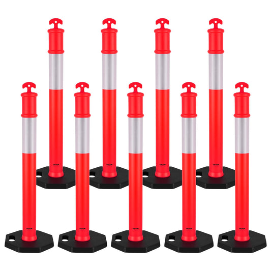 VEVOR 9 Pack Traffic Delineator Posts, 48 inches Traffic Safety Cones with Weighted Base and Reflective Strips, Heavy Duty Delineator Posts for Construction Site, Parking Lot, Crowd Control, Red