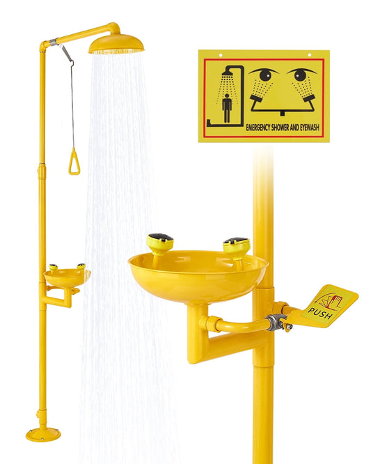 VEVOR Emergency Shower Eye Wash Station, 34.25 x 15.75 x 91.73 Inch 304 Stainless Steel Eyewash and Shower Combination, OSHA-Approved First Aid Eye Wash Station, for Schools, Labs, Factories, Yellow