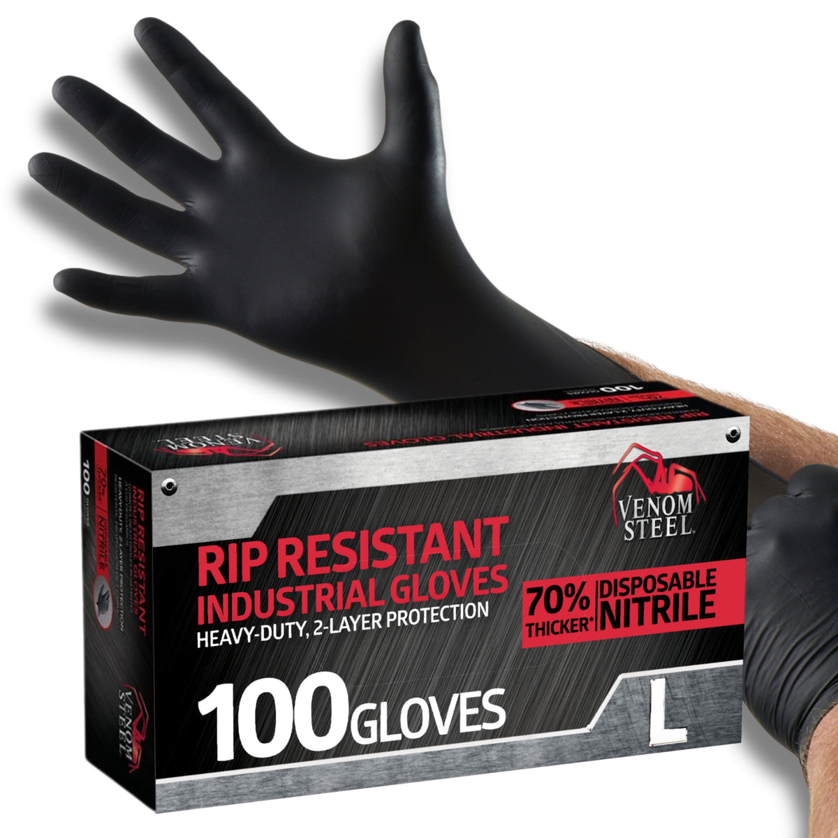 Venom Steel Premium Industrial Black Nitrile Gloves, One Size Fits Most, 100 Count