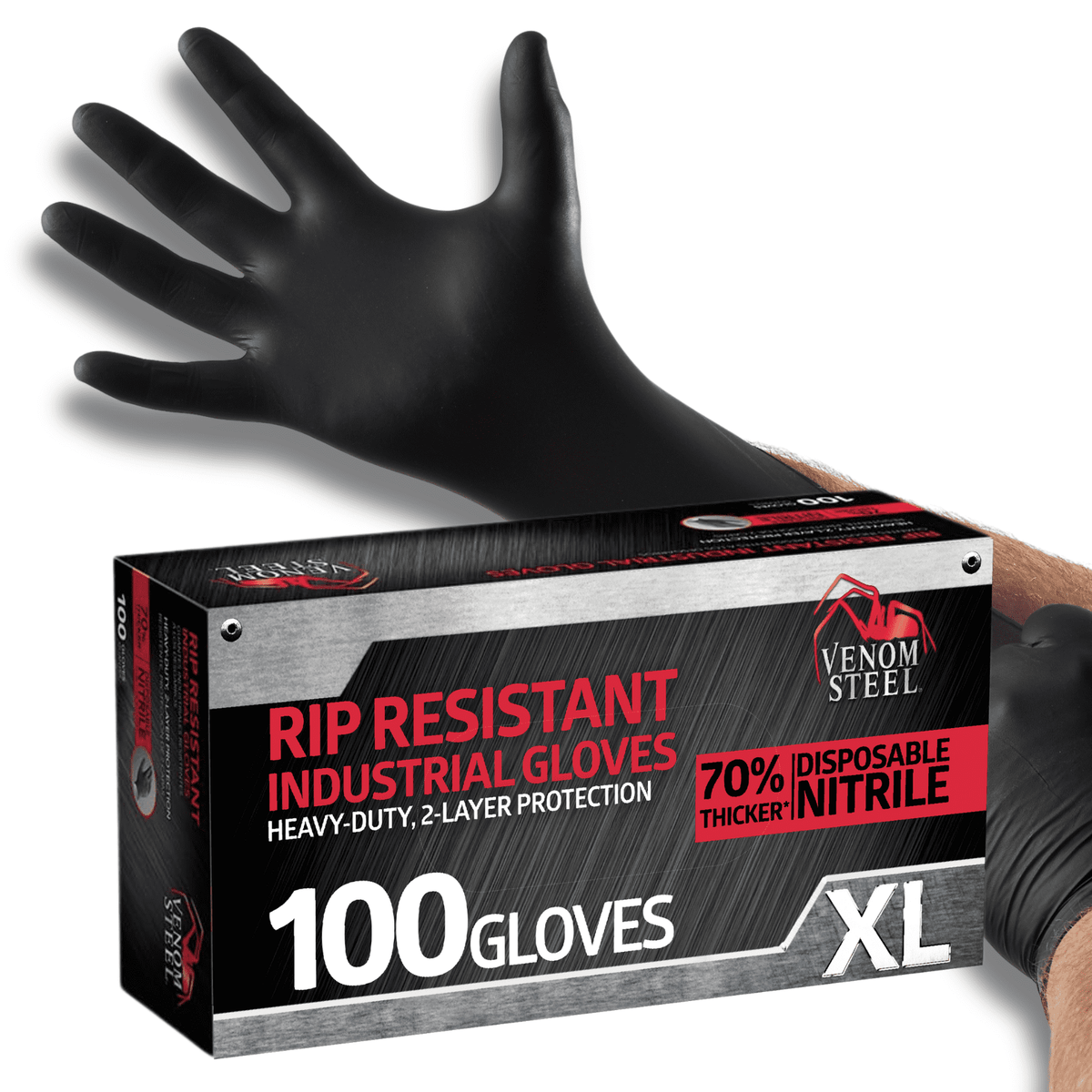 Venom Steel Premium Industrial Black Nitrile Gloves, One Size Fits Most, 100 Count