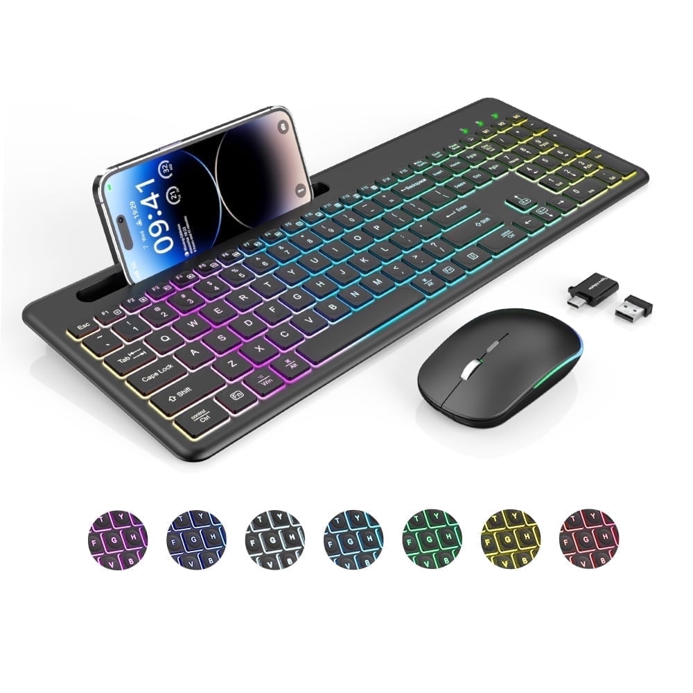Wireless Keyboard and Mouse Combo - Ergonomic Wave Rechargeable Keyboard with Soft Leather Wrist Rest, RGB Backlit -Black