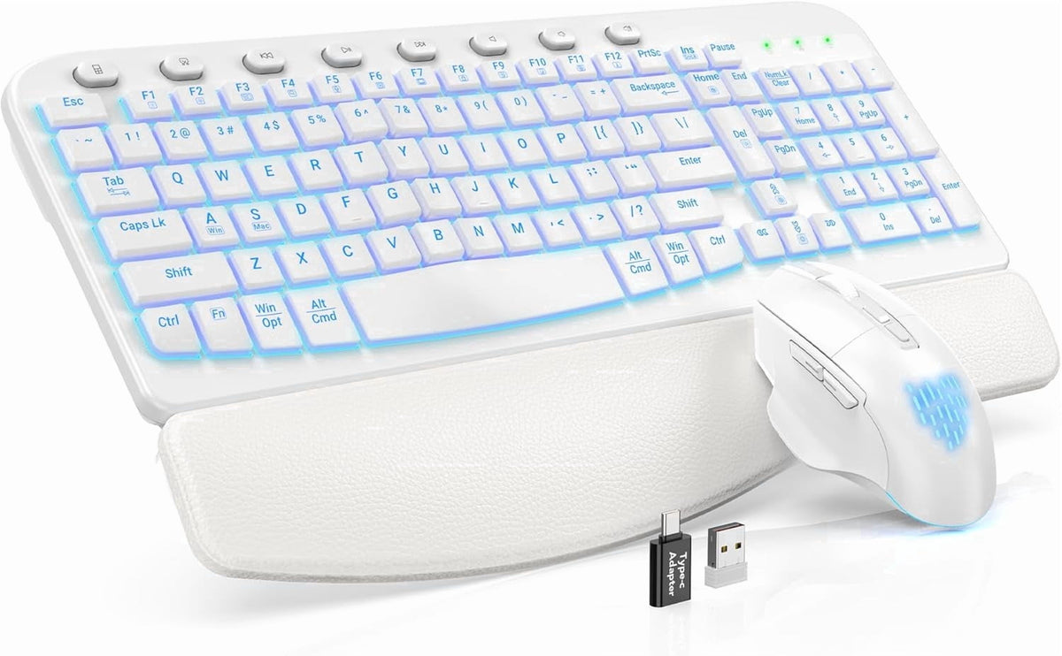 Wireless Keyboard and Mouse Combo - Ergonomic Wave Rechargeable Keyboard with Soft Leather Wrist Rest, RGB Backlit -Black