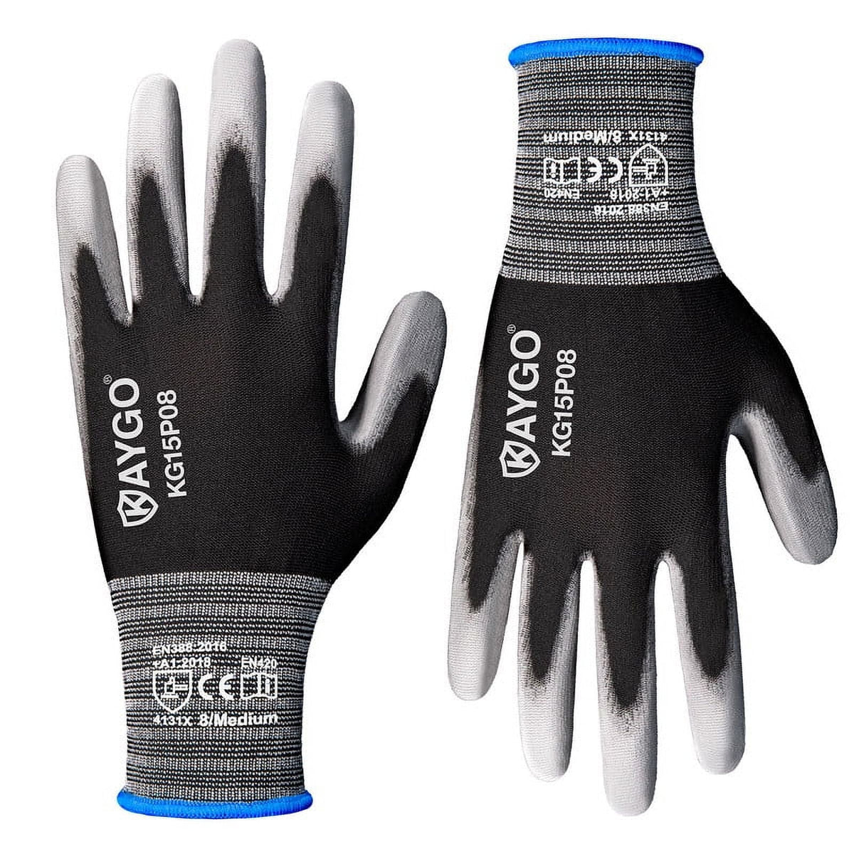 KAYGO Work Gloves PU Coated 12 Pairs, KG15P, Safety Work Gloves Nylon Liner for DIY, Assembly, Warehouse, Light Duty Work