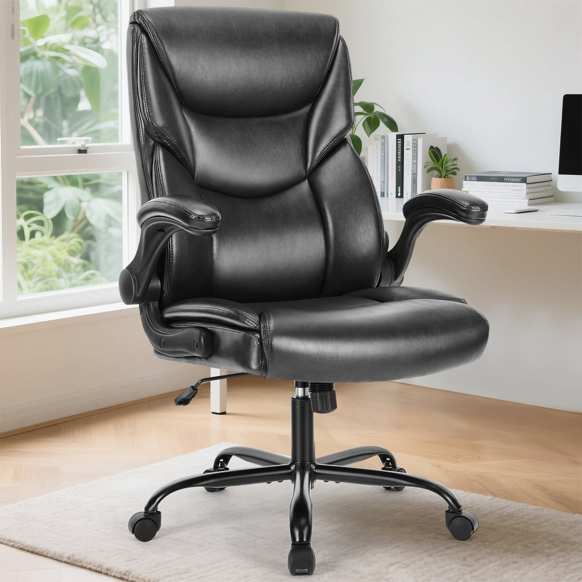 edx Computer Gaming Chair, Ergonomic High Back Heavy Duty Task Desk Office Chairs with Wheels, Flip-up Arms, Adjustable Height, PU Leather, Brown