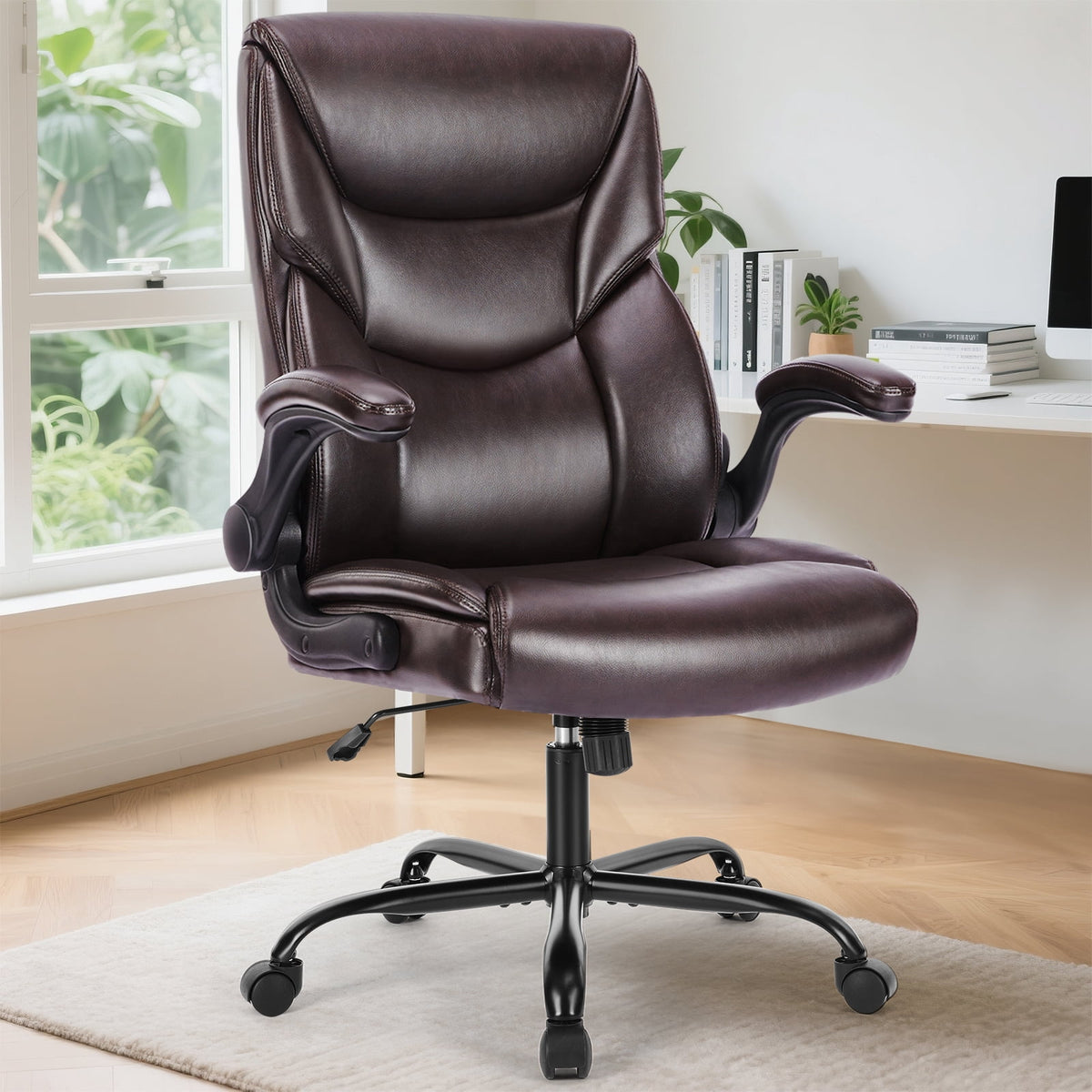 edx Computer Gaming Chair, Ergonomic High Back Heavy Duty Task Desk Office Chairs with Wheels, Flip-up Arms, Adjustable Height, PU Leather, Brown