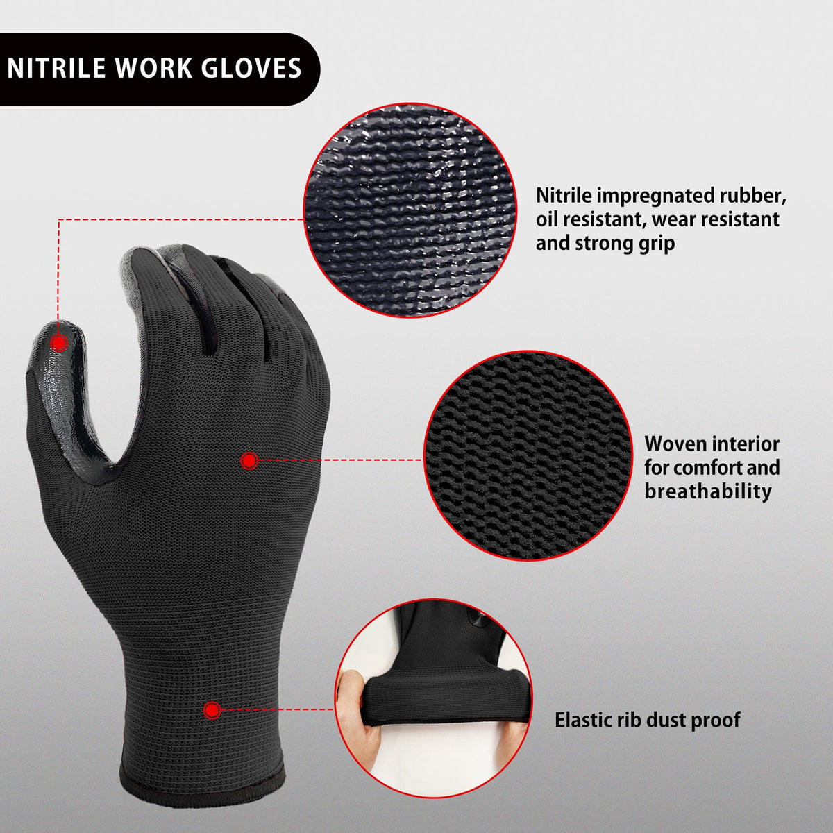 EvridWear 12 Pairs Lightweight Nitrile Coated Grip Work Gloves for Men Women Warehouse Mechanic, Black, Size 8/M