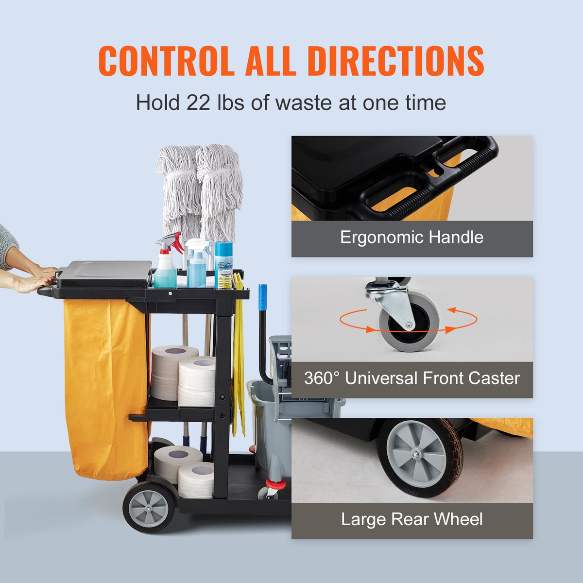 VEVOR Commercial Janitorial Janitor Cart 3-Shelf 200 lbs Janitorial Trolley Cleaning Cart with 25 Gallons PVC Bag and Cover for Housekeeping