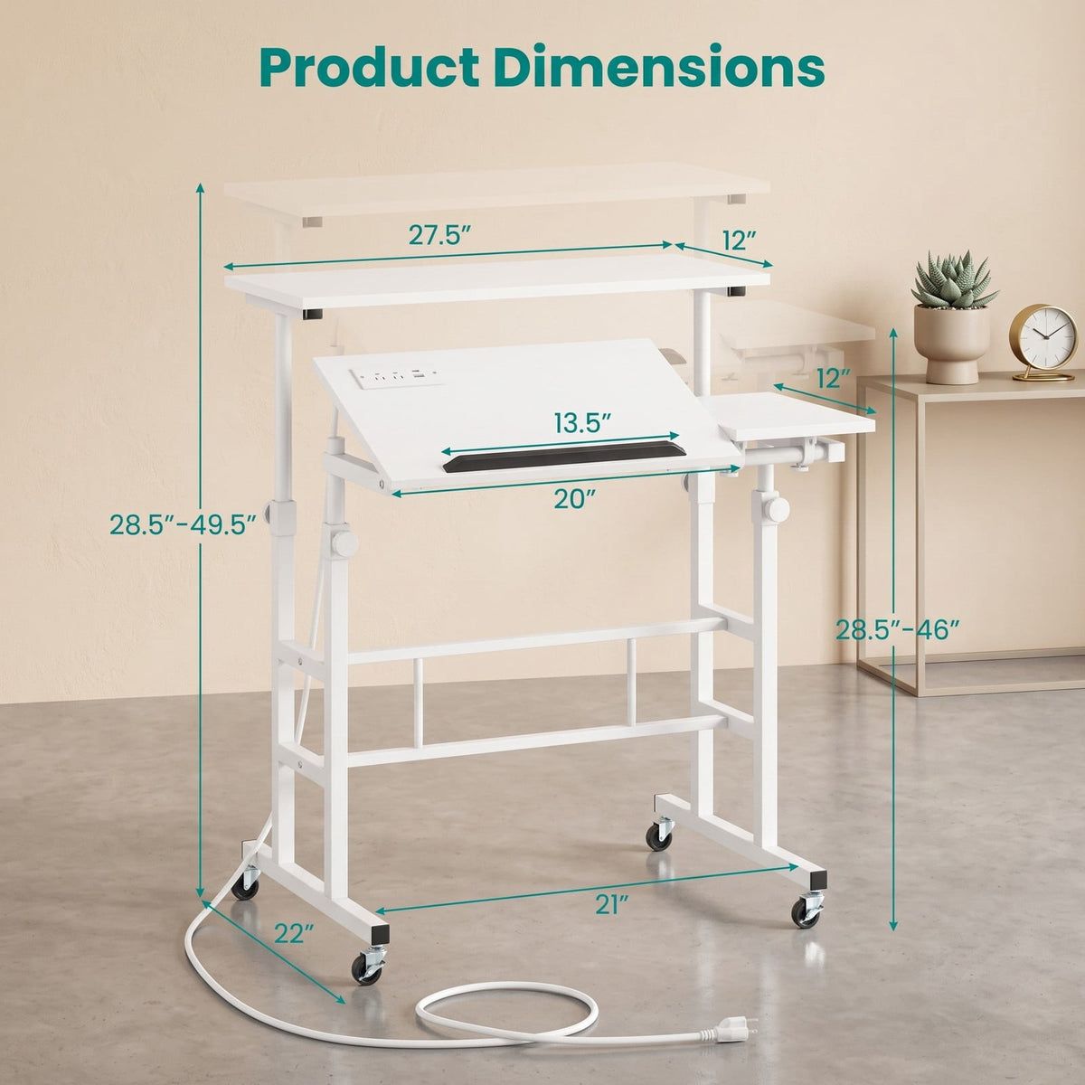 Furnibear Mobile Standing Desk Height Adjustable Computer Workstation with 2 Tilting Desktops, Rolling Sit Stand Desk with Charging Station, USB & Type-C Ports, White