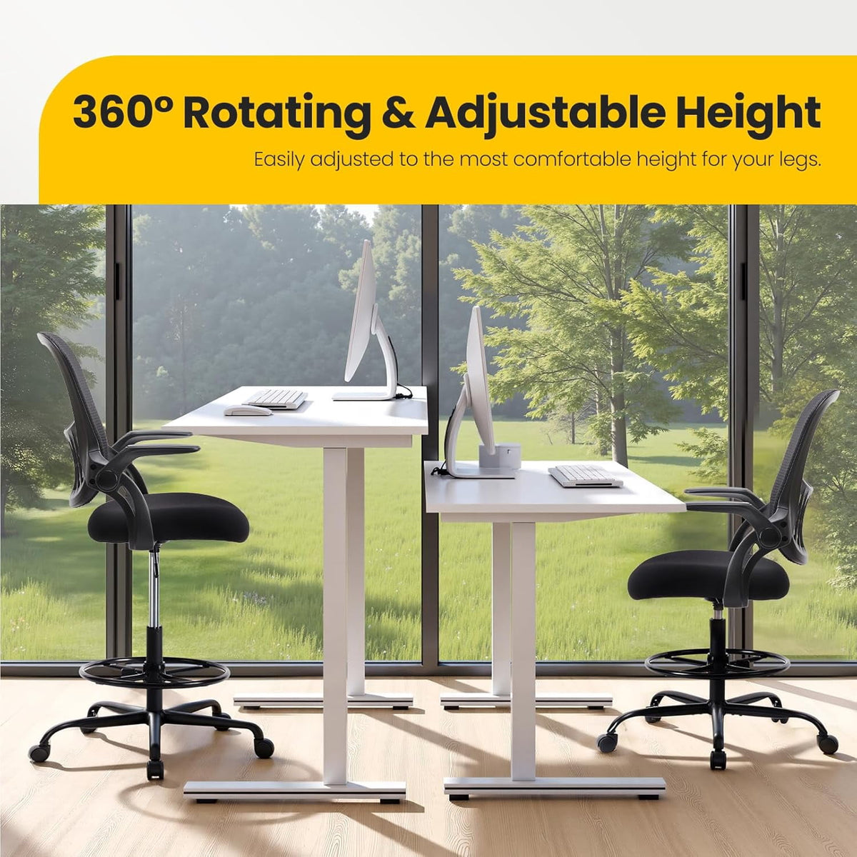 Nextay Tall Drafting Chair - Ergonomic Office Stool with Flip-Up Arms, Footrest & Lumbar Support