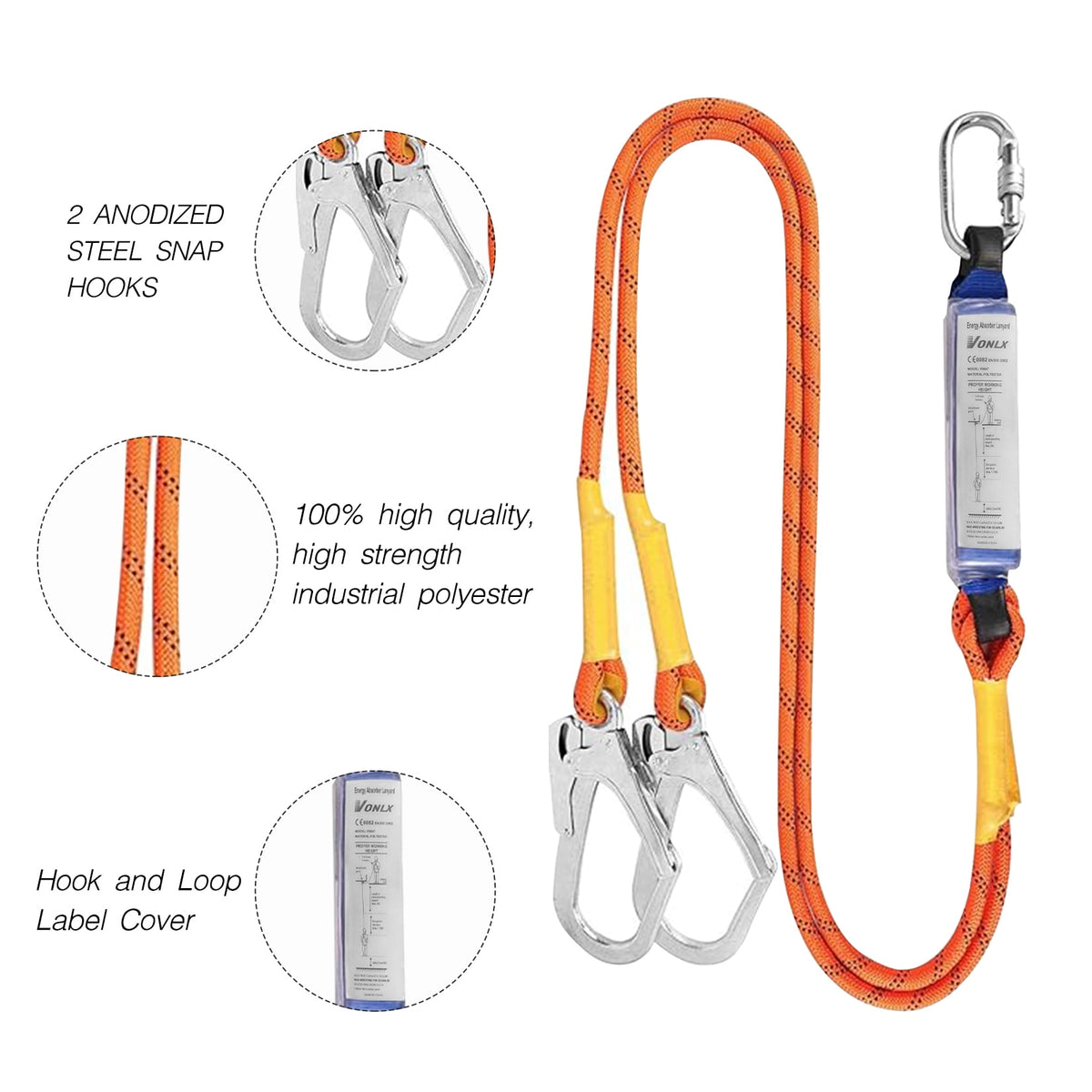 Vonlx Industrial Fall Protection Harness with Shock Absorbing Lanyard, Comfort Pad, and D-Ring, Blue, 1 Piece