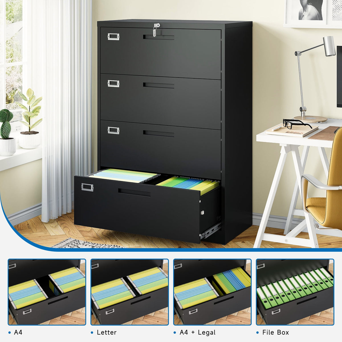 Fesbos Metal Lateral File Cabinets with Lock, 4 Drawer 28.5" Wide Filing Cabinets,Hanging Letter/Legal/F4/A4 Size, Assembly Required - Black