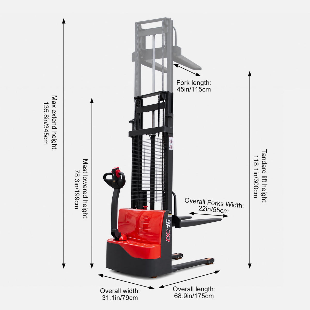 HPDMC Full Electric Pallet Stacker 3300 lbs, Electric Walkie Stacker with 24V/85Ah Battery, 45" Forks, 118" Fork Lift Height, Built-in Charger and Smart Handle for Warehouse