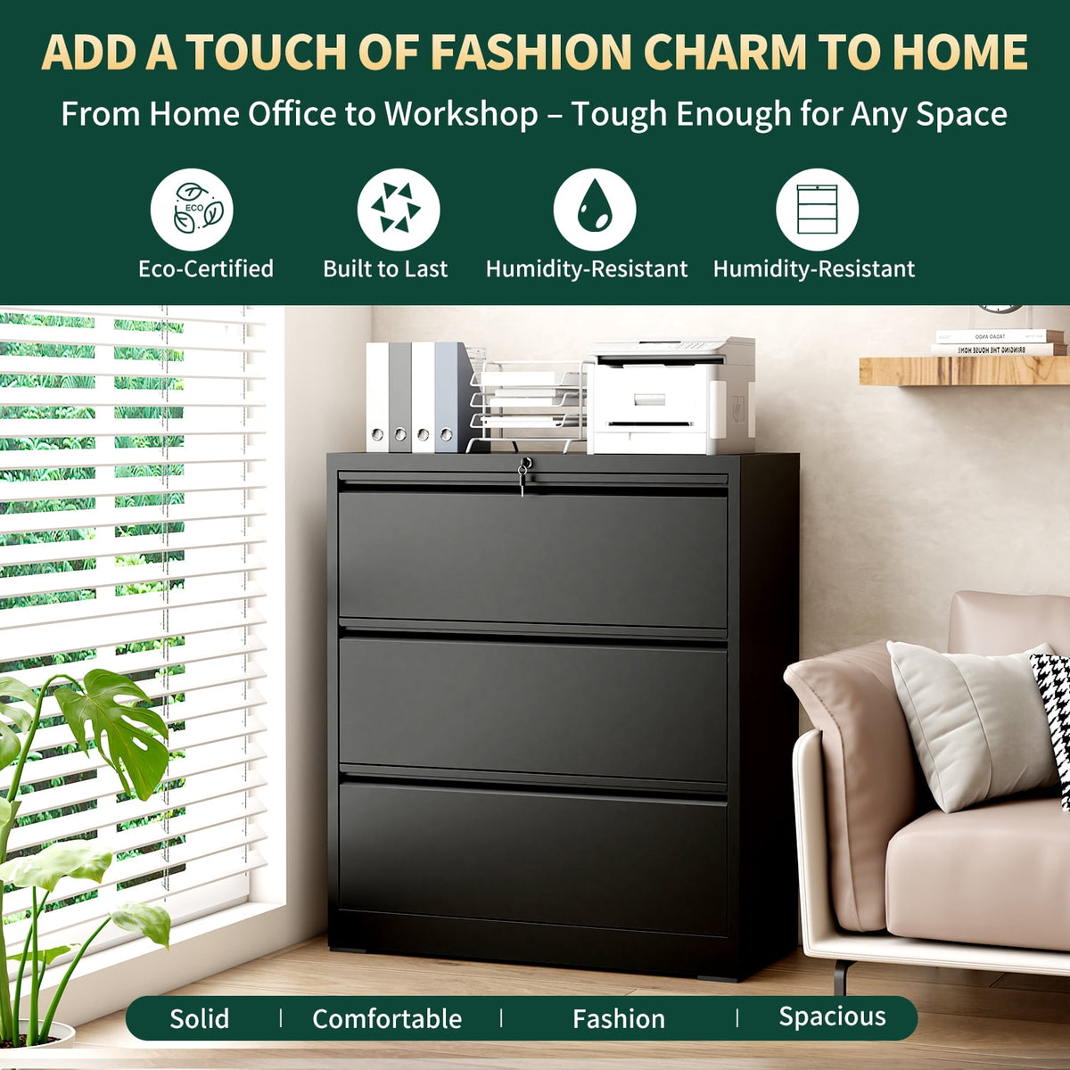 IKIMI 3-Drawer Lateral File Cabinet with Lock, 35.4" Wide Metal Filing Cabinet for Letter/Legal/A4 Files, Black