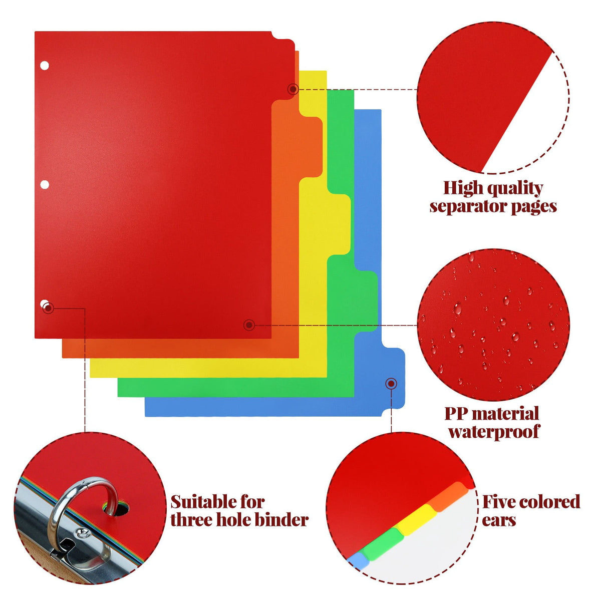 JOGZMZ 6-Tab Binder Dividers with Pockets, Frosted Plastic 3-Hole Punch File Organizers, Waterproof Expanding Folder Inserts for Office Documents