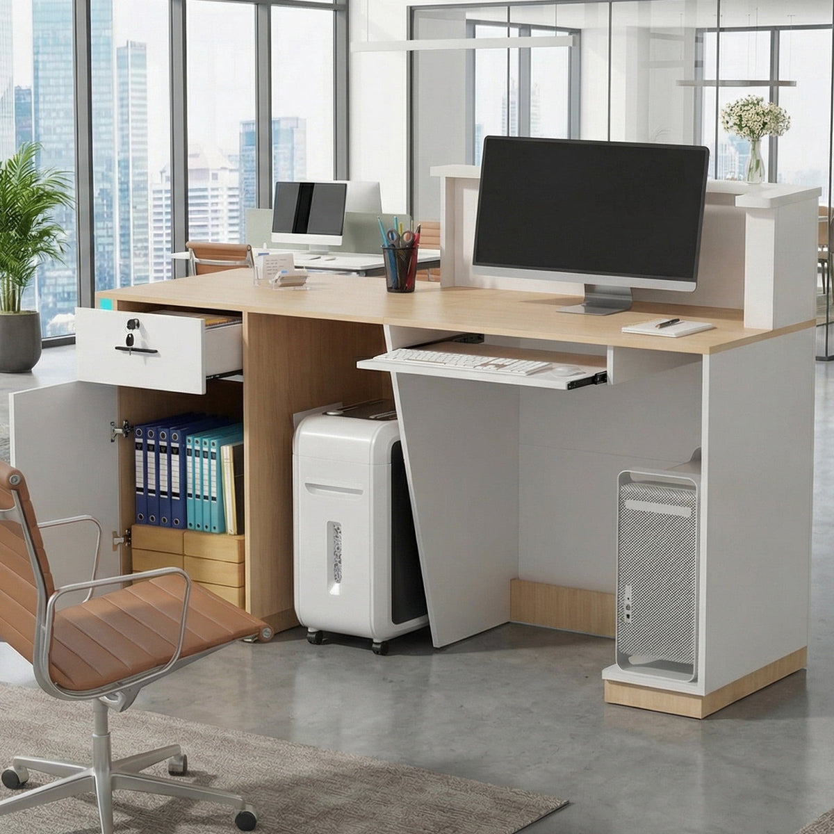 Advwin Modern Reception Desk with LED Light, 63" Fluted Front Desk with Lockable Drawer, Cabinet & Sliding Tray, Large Reception Counter Table for Office Lobby Nail Salon Clinic, White+Light Wood